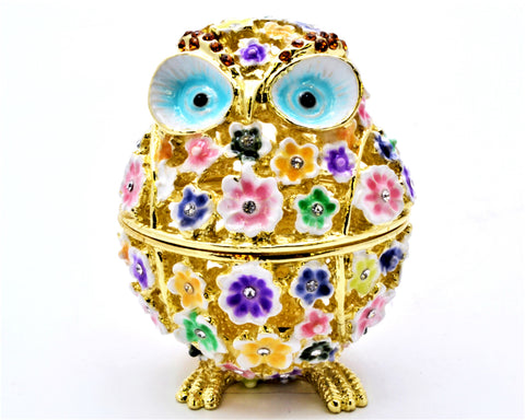 Jeweled Floral Design Owl Trinket Box. Hand Crafted with Austrian Crystals