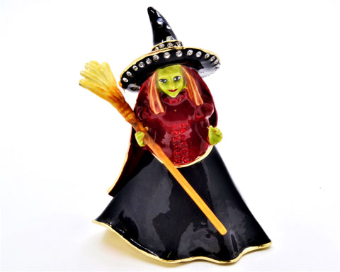 Jeweled Witch with Broom Trinket Box Hand Detailed with Austrian Crystals