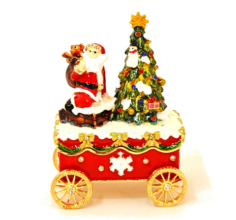 Santa & Christmas Tree on Carriage Trinket Box. Beautifully Made with Austrian Crystals