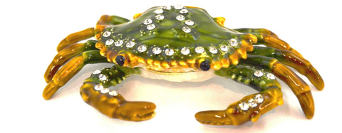 Tidal Crab Trinket Box. Hand Set Austrian Crystals Green Enamel