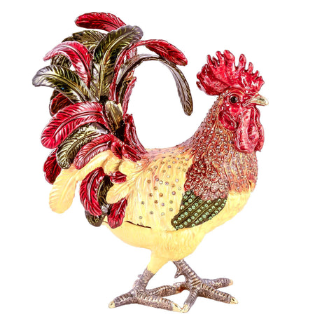 Colorful Large Rooster Trinket Box Hand Painted Enamel with Austrian Crystals