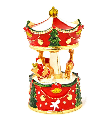 Holiday Carousel with Reindeer & Santa Trinket Box Colorful Enamel & Austrian Crystals