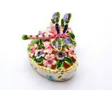 Jeweled Dragonfly on Heart Shape Floral Trinket Box. Colorful Enamel & Hand Set Austrian Crystals