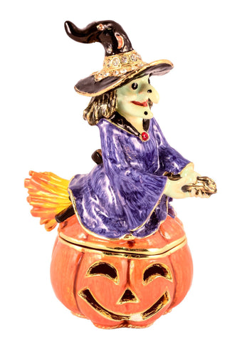 Witch on Pumpkin Trinket Box Made with Austrian Crystals