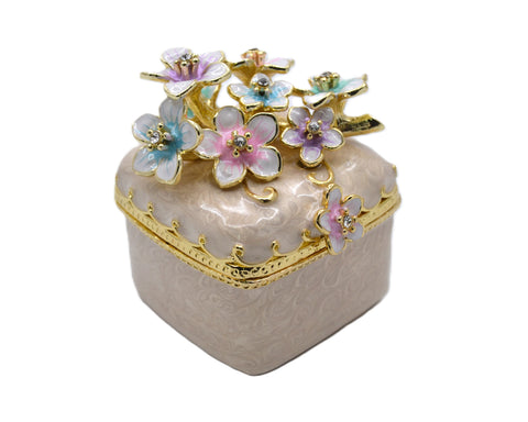 Bejeweled Cherry Blossom Flower Trinket Box. Square Shape Handmade with Austrian Crystals & Enamel