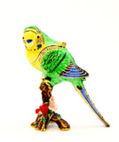 Parakeet On Branch Trinket Box. Colorful Enamel Austrian Crystals
