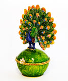Fan Shape Tail Peacock on Trinket Box Green Enamel with Austrian Crystals