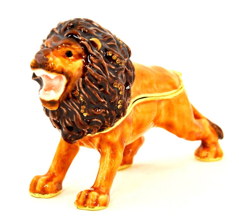 Lion Jeweled Trinket Box. Brown Enamel with Austrian Crystals