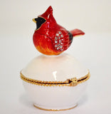 Red Cardinal Bird on White Round Trinket Box with Austrian Crystals