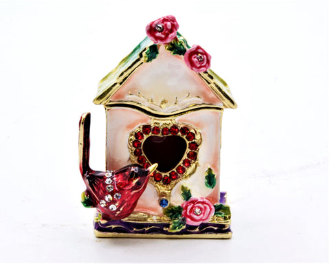 Small Cardinal Birdhouse Trinket Box. Very Detailed with Austrian Crystals
