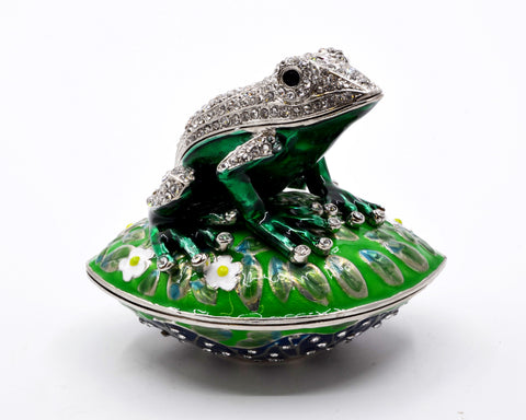 All Jeweled Frog sitting on Lily Pad Box Made with Austrian Crystals Enamel