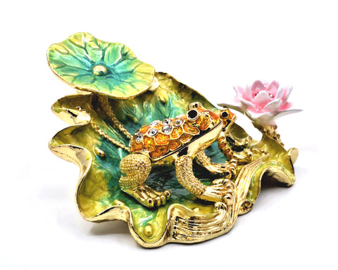Jeweled Frog With Baby on Lily Pad With Flowers. Made with Austrian Crystals