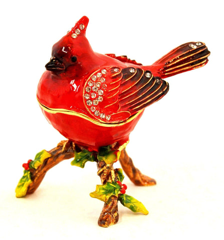 Ruby Cardinal Bird on Branch Trinket Box. Hand Crafted with Austrian Crystals