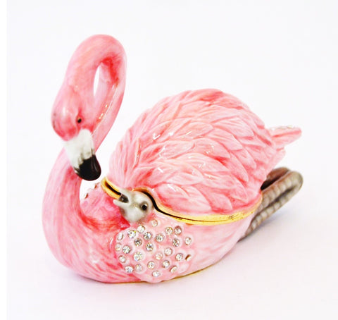 Pink Flamingo with Baby Trinket Box. Hand Crafted with Austrian Crystals & Enamel