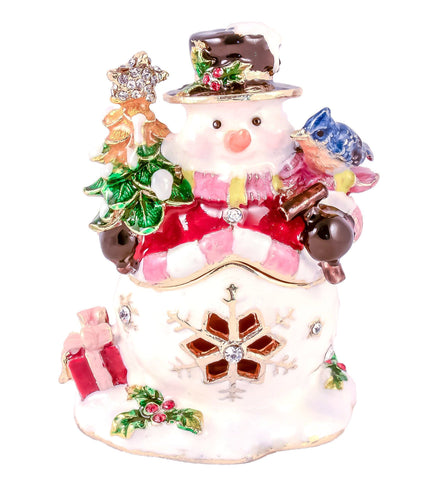 Snowman Holding Gifts Trinket Box. Handmade with Austrian Crystals