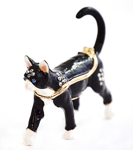 Small Cat Trinket Box. Black & White Enamel with Austrian Crystals
