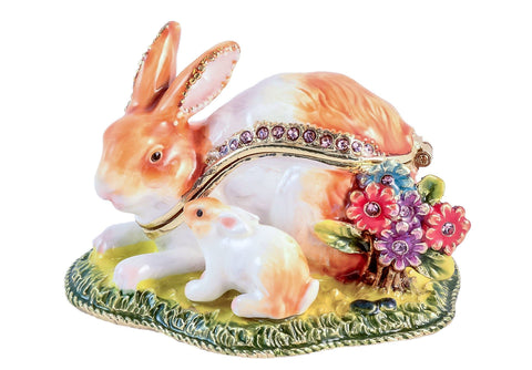 Rabbit and Baby Trinket Box. Colorful Enamel & Austrian Crystals