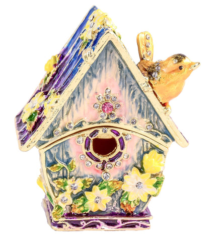 Bird House Trinket Box. Floral Design with Colorful Enamel & Austrian Crystals
