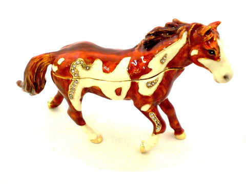 Horse Running Trinket Box. Brown with White Spots. Made with Austrian Crystals