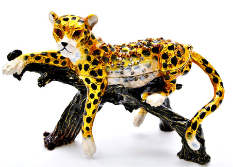 Bejeweled Cheetah Sitting on Branch Trinket Box Made with Austrian Crystals