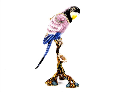 Beautiful Parrot on Branch Trinket Box Made with Austrian Crystals & Enamel