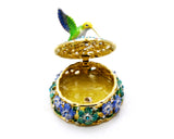 Hummingbird on Round Floral Trinket Box. Hand Painted Colorful Enamel with Austrian Crystals