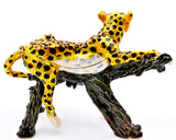 Bejeweled Cheetah Sitting on Branch Trinket Box Made with Austrian Crystals