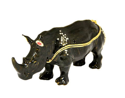 Ferocious Rhino Trinket Box. Black Enamel & Austrian Crystals