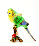 Parakeet On Branch Trinket Box. Colorful Enamel Austrian Crystals