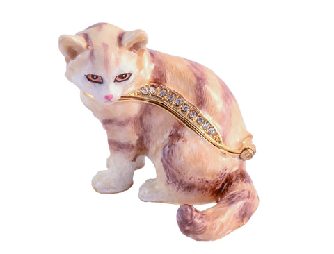 Mystic Cat Trinket Box. Brown White Enamel with Austrian Crystals