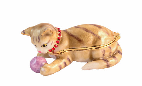 Funny Cat Playing Ball Trinket Box Brown Enamel with Austrian Crystals