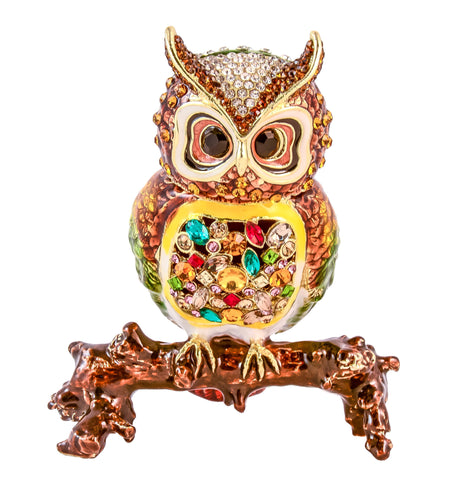 Golden Owl on Branch Trinket Box. Hand Set Austrian Crystals