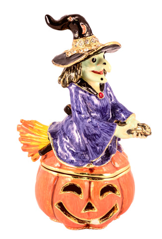 Witch on Pumpkin Trinket Box Made with Austrian Crystals