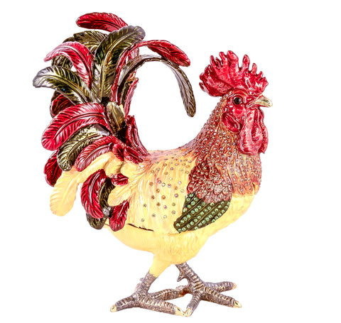 Colorful Large Rooster Trinket Box Hand Painted Enamel with Austrian Crystals