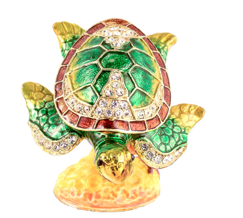 Sea Turtle on Branch Trinket Box. Hand Set Austrian Crystals & Enamel